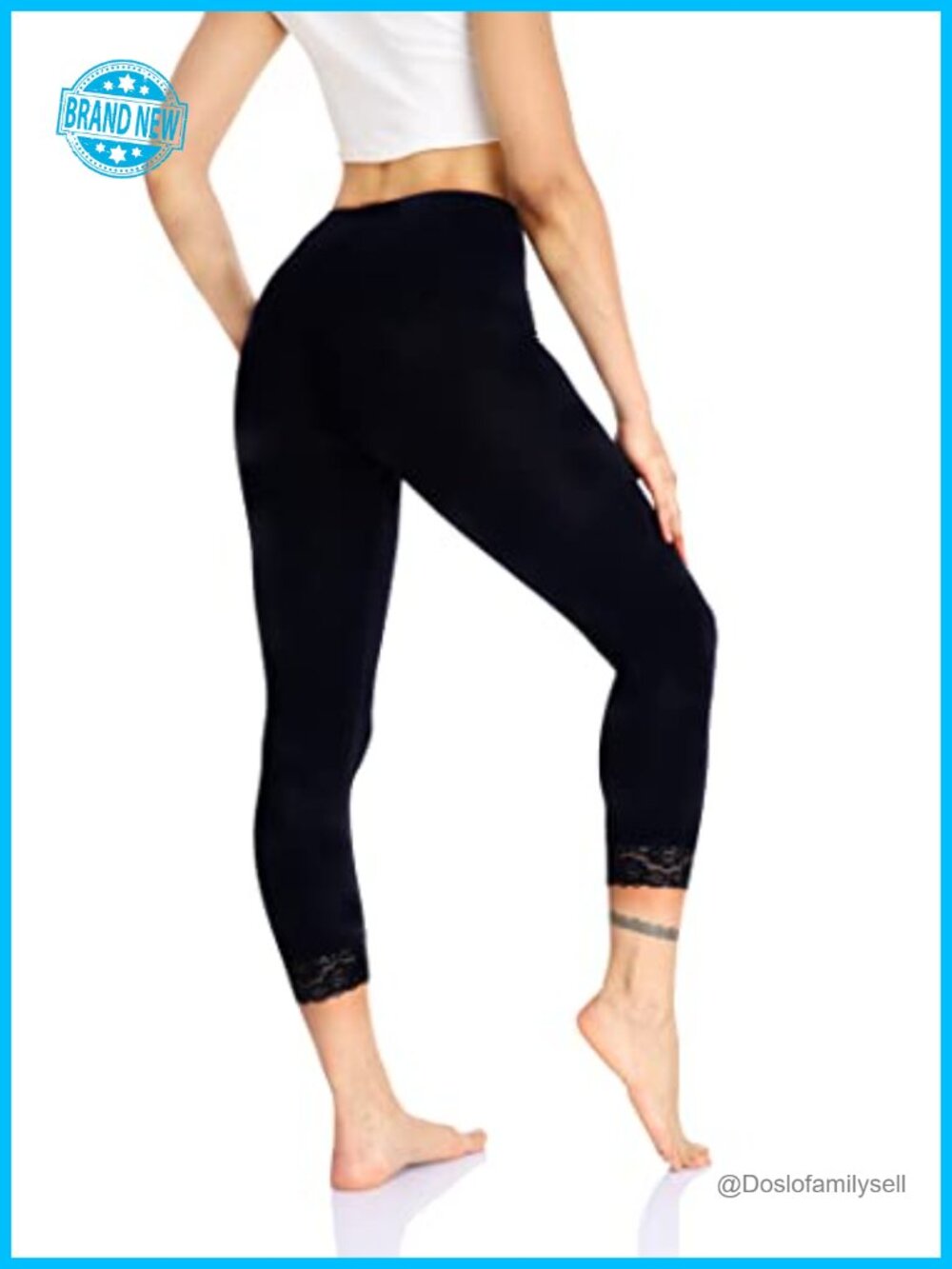 Lace Trim Capri Leggings High Waist Stretchy Cropped Yoga Pants